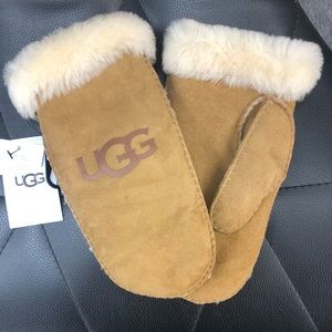 NWT UGG Shearling Trim Leather Mittens, SZ S/M